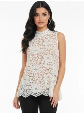 Rose & Olive Floral Lace Sleeveless Mock NeckHigh Low ScallopHem Camisole Blouse